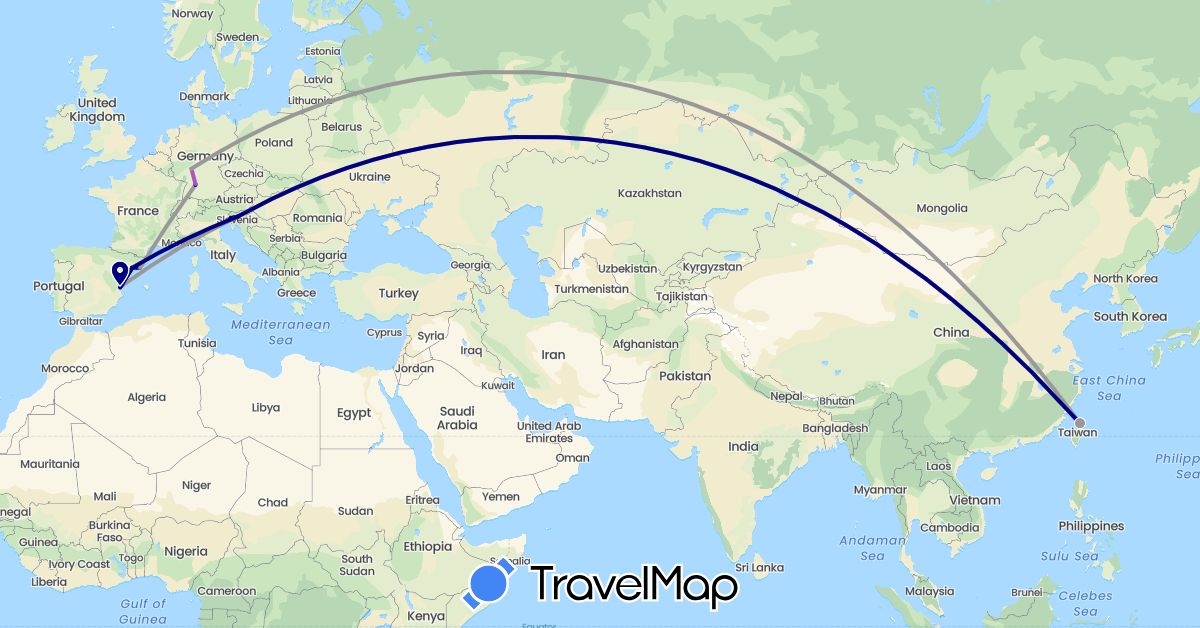 TravelMap itinerary: driving, plane, train in Germany, Spain, Slovenia, Taiwan (Asia, Europe)